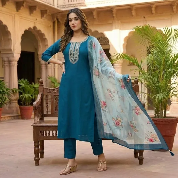 Teal_Blue_Straight-Cut_Kurta_and_Trousers_with_Printed_Dupatta