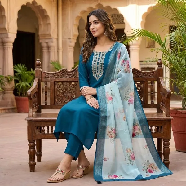 Teal_Blue_Straight-Cut_Kurta_and_Trousers_with_Printed_Dupatta
