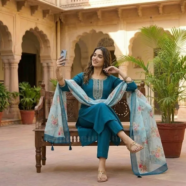 Teal_Blue_Straight-Cut_Kurta_and_Trousers_with_Printed_Dupatta