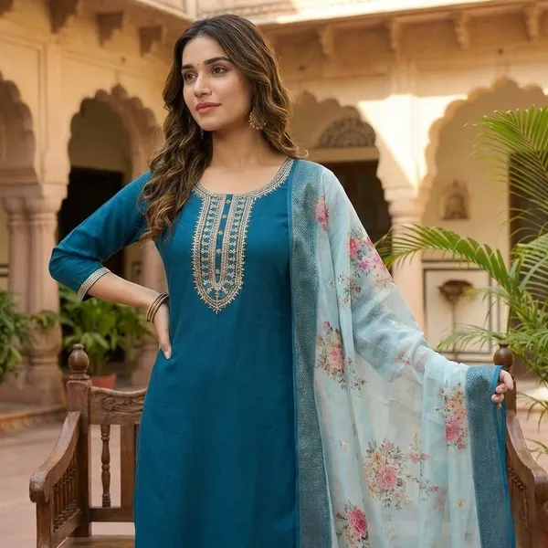 Teal_Blue_Straight-Cut_Kurta_and_Trousers_with_Printed_Dupatta