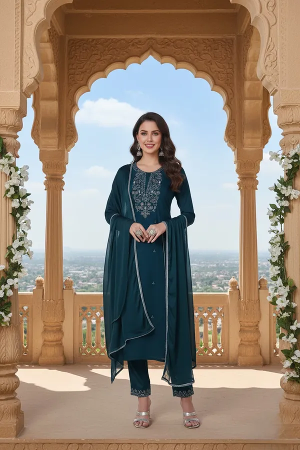 Festive_Peacock_Blue_Silk_Blend_Suit_with_Yoke_Work