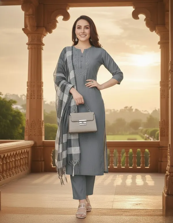 Grey_Cotton_Kurta_Set_with_Mirror_Work_&_Dupatta