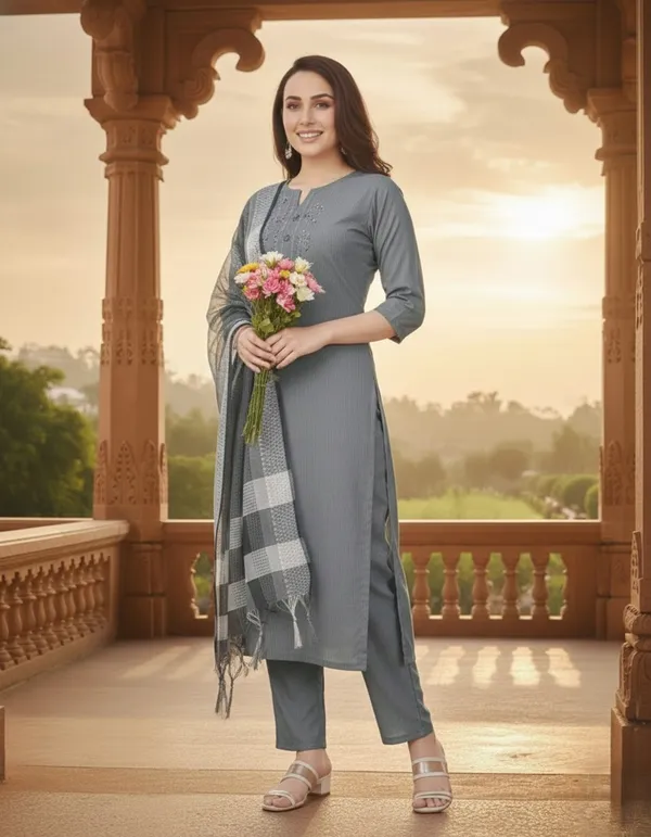 Grey_Cotton_Kurta_Set_with_Mirror_Work_&_Dupatta