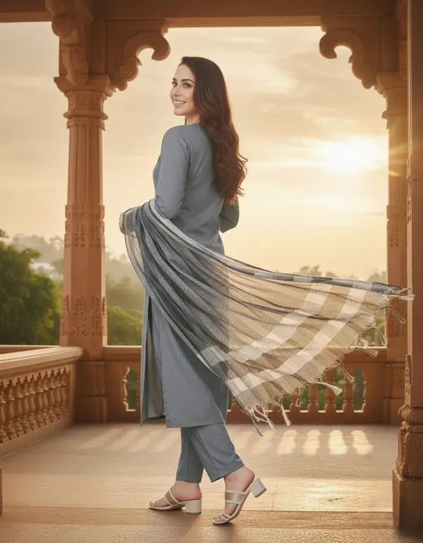 Grey_Cotton_Kurta_Set_with_Mirror_Work_&_Dupatta