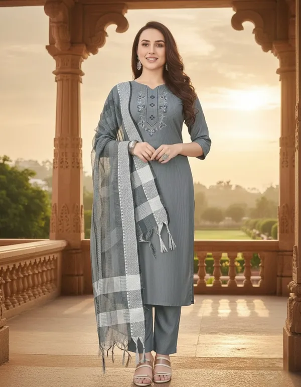 Grey_Cotton_Kurta_Set_with_Mirror_Work_&_Dupatta