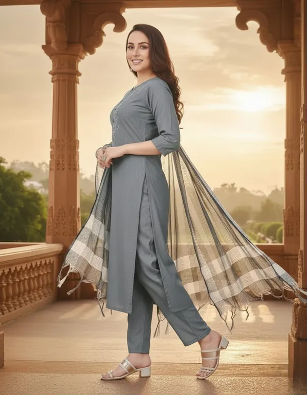 Grey_Cotton_Kurta_Set_with_Mirror_Work_&_Dupatta