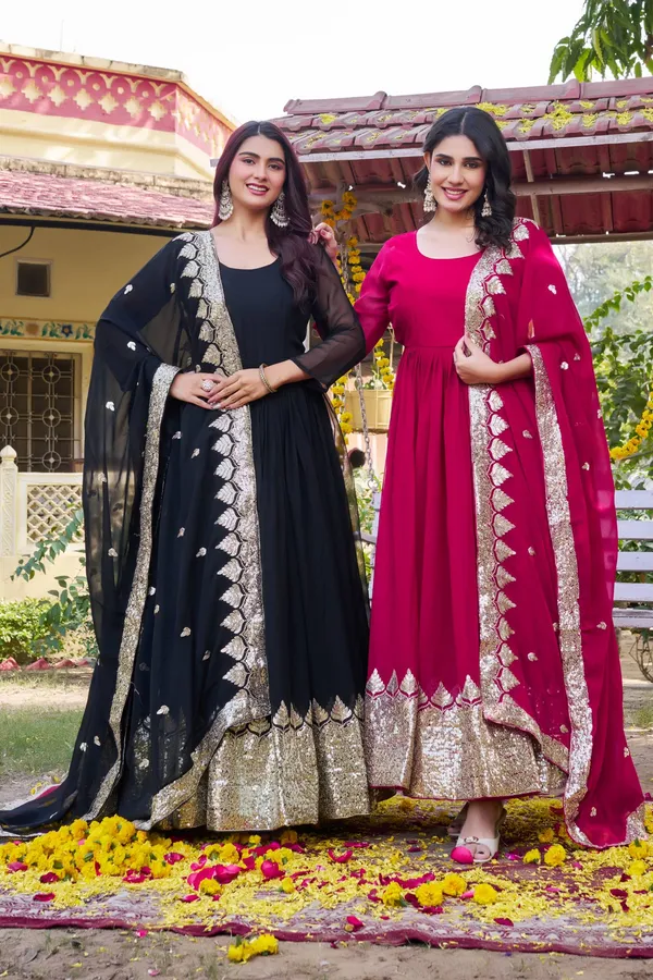The_"Midnight_Gilded_Noir"_Sheer-Sleeve_Georgette_Anarkali_Gown_with_Sequined_Zardosi_Border