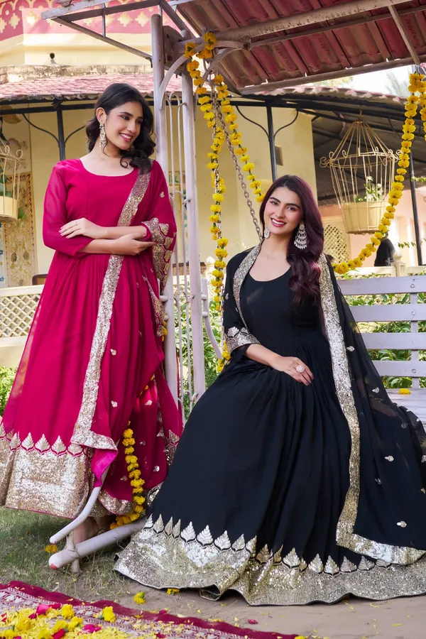 The_"Midnight_Gilded_Noir"_Sheer-Sleeve_Georgette_Anarkali_Gown_with_Sequined_Zardosi_Border