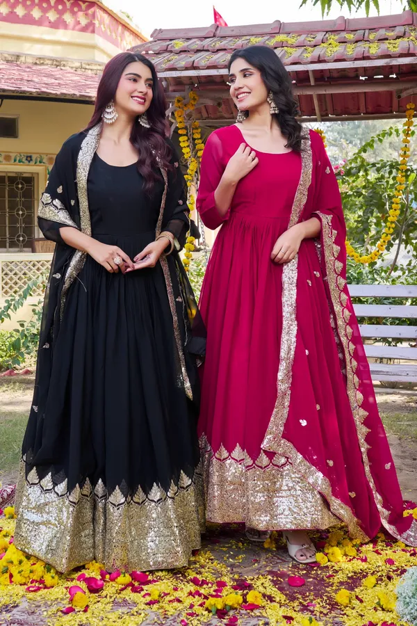 The_"Midnight_Gilded_Noir"_Sheer-Sleeve_Georgette_Anarkali_Gown_with_Sequined_Zardosi_Border