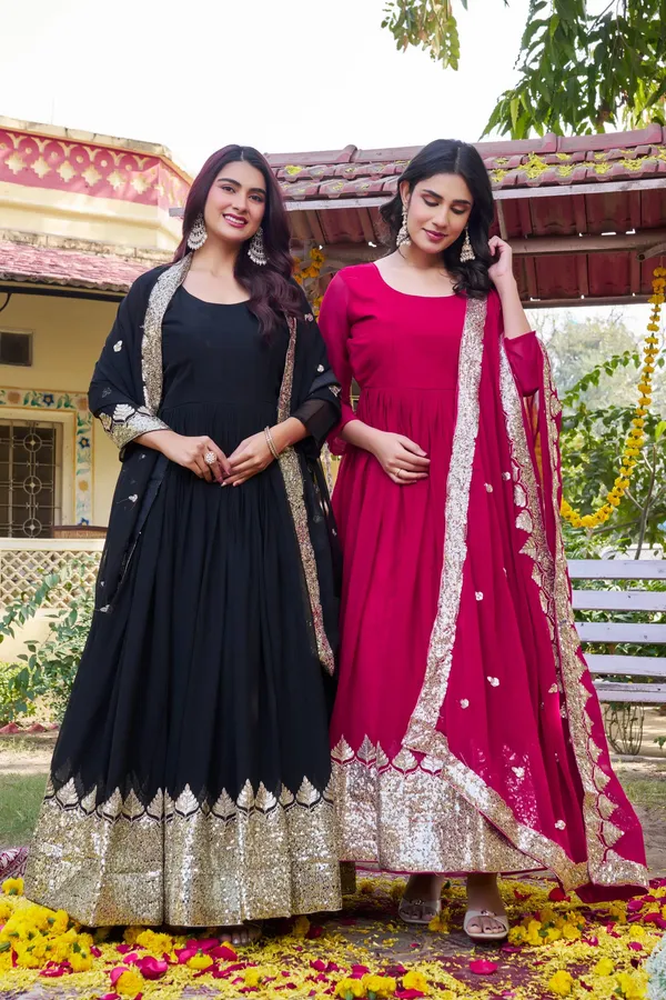 The_"Midnight_Gilded_Noir"_Sheer-Sleeve_Georgette_Anarkali_Gown_with_Sequined_Zardosi_Border