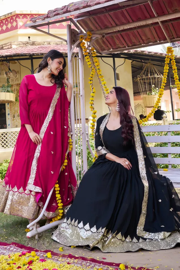 The_"Midnight_Gilded_Noir"_Sheer-Sleeve_Georgette_Anarkali_Gown_with_Sequined_Zardosi_Border