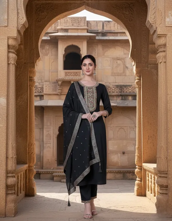 Elegant_Charcoal_Black_Silk_Blend_Embroidered_Kurta_Set