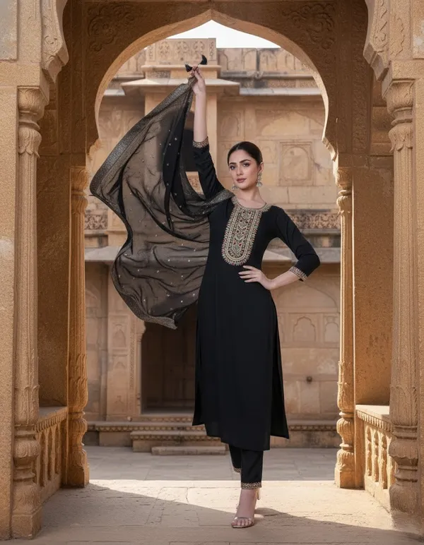 Elegant_Charcoal_Black_Silk_Blend_Embroidered_Kurta_Set