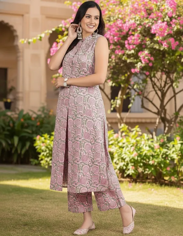 Chic_Pink_Floral_Cotton_Blend_Sleeveless_Kurta_Set