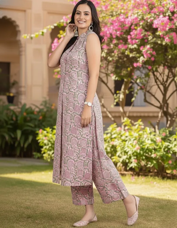 Chic_Pink_Floral_Cotton_Blend_Sleeveless_Kurta_Set