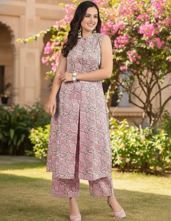 Chic_Pink_Floral_Cotton_Blend_Sleeveless_Kurta_Set