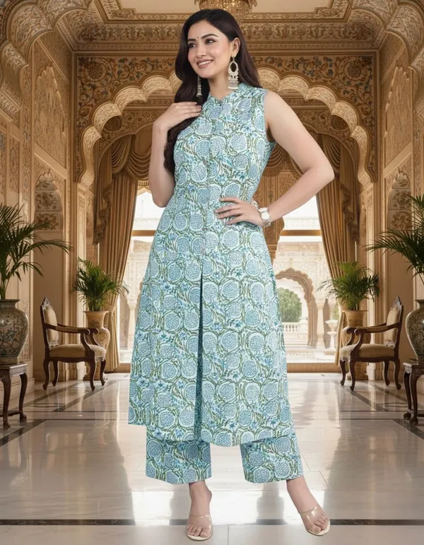Chic__Blue_Floral_Cotton_Blend_Sleeveless_Kurta_Set