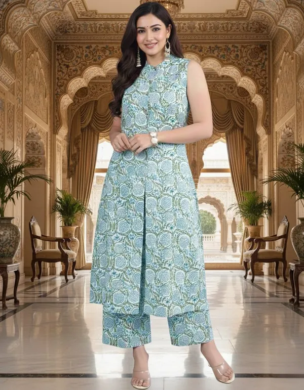 Chic__Blue_Floral_Cotton_Blend_Sleeveless_Kurta_Set