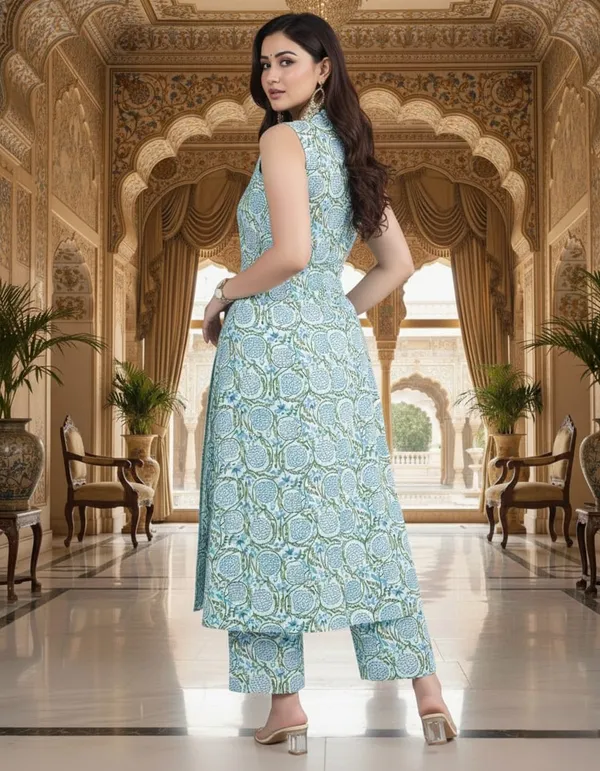 Chic__Blue_Floral_Cotton_Blend_Sleeveless_Kurta_Set