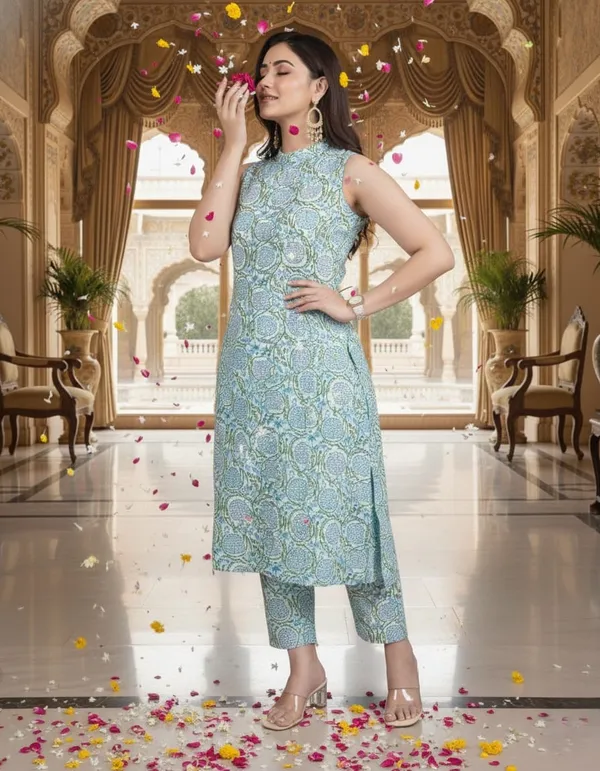 Chic__Blue_Floral_Cotton_Blend_Sleeveless_Kurta_Set