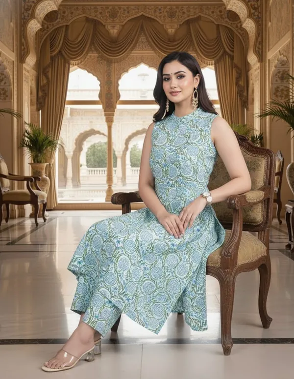 Chic__Blue_Floral_Cotton_Blend_Sleeveless_Kurta_Set