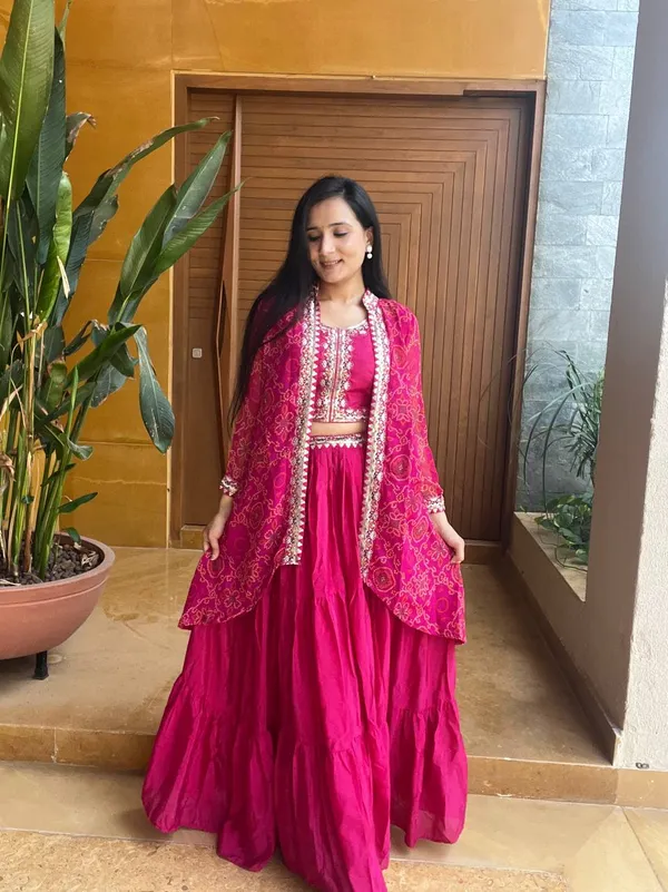 Crimson_Pink_Bandhani_Shrug_Set_with_Embroidered_Crop_Top_&_Tiered_Skirt