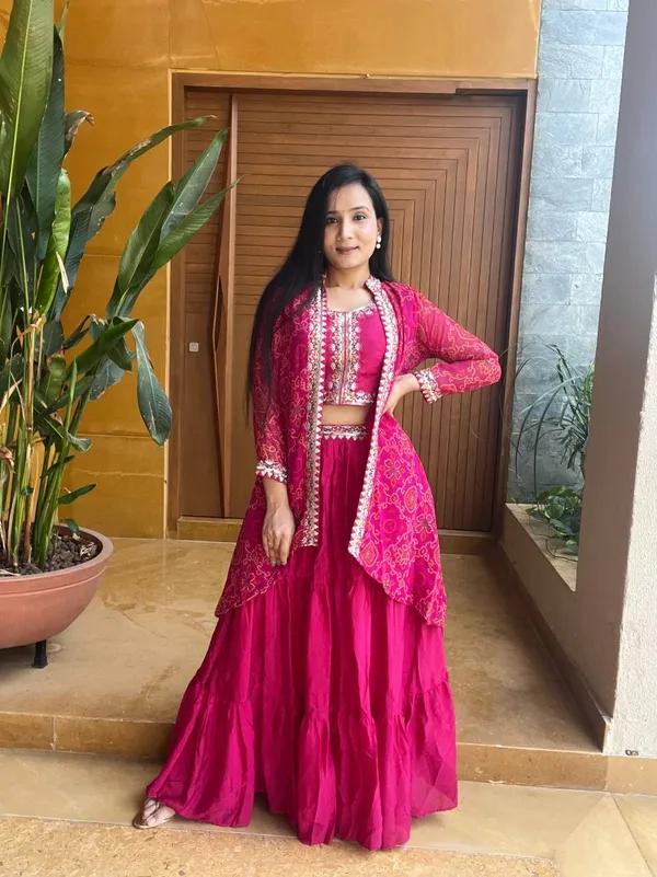 Crimson_Pink_Bandhani_Shrug_Set_with_Embroidered_Crop_Top_&_Tiered_Skirt