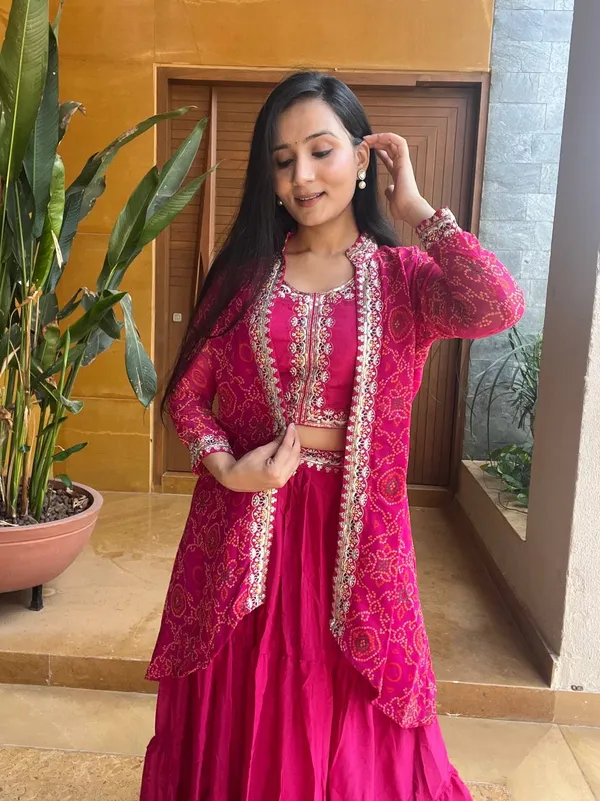 Crimson_Pink_Bandhani_Shrug_Set_with_Embroidered_Crop_Top_&_Tiered_Skirt