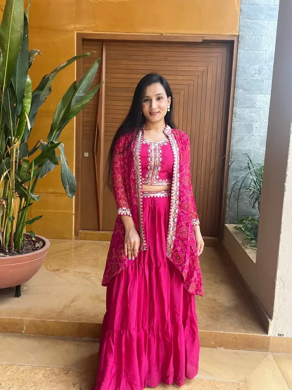 Crimson_Pink_Bandhani_Shrug_Set_with_Embroidered_Crop_Top_&_Tiered_Skirt