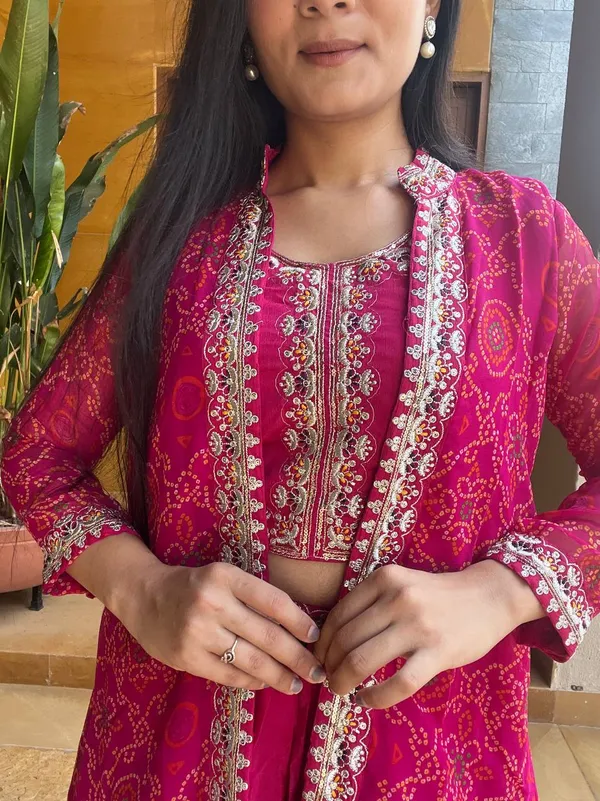 Crimson_Pink_Bandhani_Shrug_Set_with_Embroidered_Crop_Top_&_Tiered_Skirt