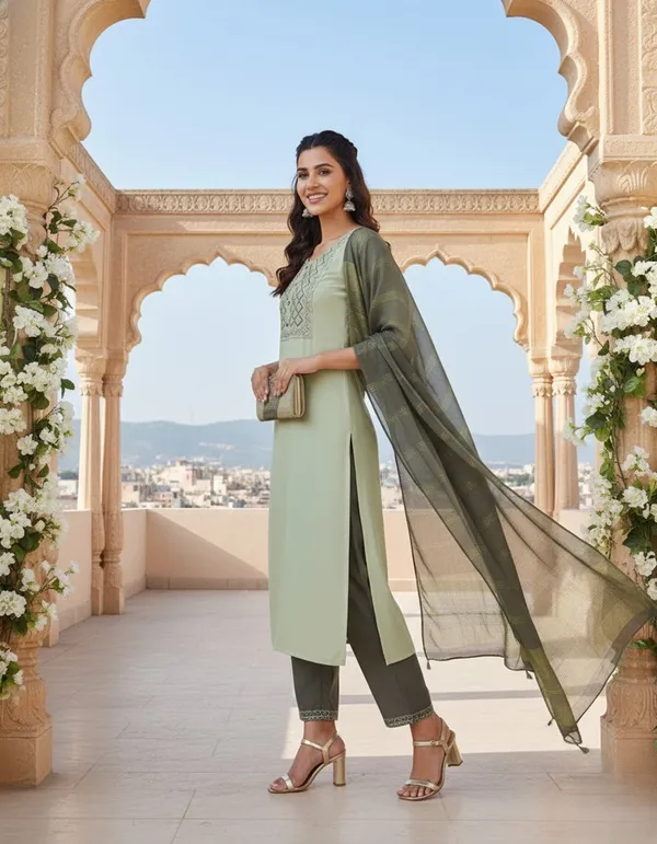 Women's_Cotton_Kurti,_Light_Green__Ethnic_Print,_Straight_Fit_with_Contrast_Dupatta_Look