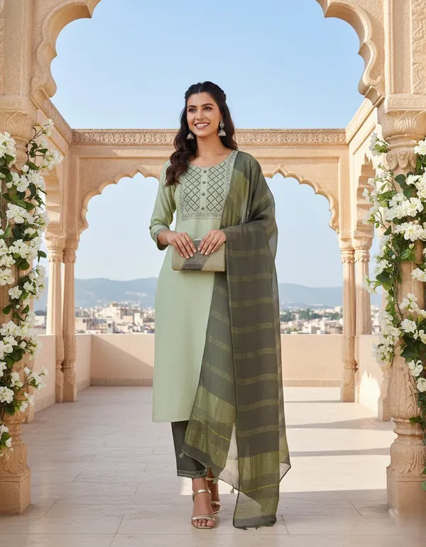 Women's_Cotton_Kurti,_Light_Green__Ethnic_Print,_Straight_Fit_with_Contrast_Dupatta_Look