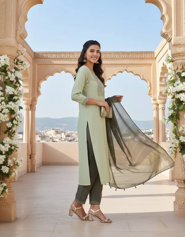 Women's_Cotton_Kurti,_Light_Green__Ethnic_Print,_Straight_Fit_with_Contrast_Dupatta_Look