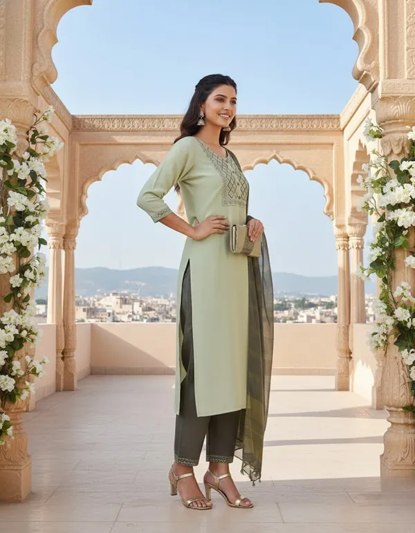 Women's_Cotton_Kurti,_Light_Green__Ethnic_Print,_Straight_Fit_with_Contrast_Dupatta_Look