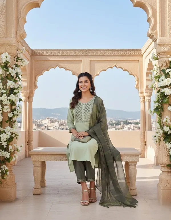 Women's_Cotton_Kurti,_Light_Green__Ethnic_Print,_Straight_Fit_with_Contrast_Dupatta_Look