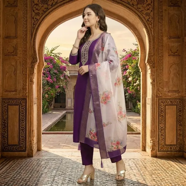 Women's_Solid_Purple_Embroidered_Kurta_Set_with_Floral_Organza_Dupatta