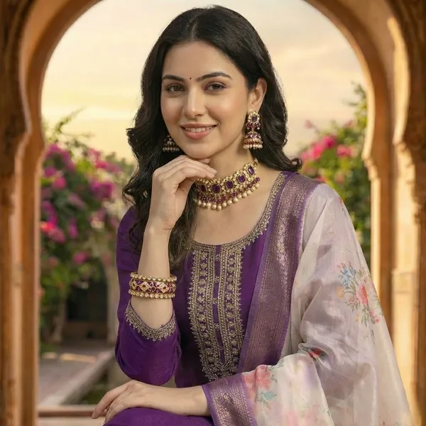 Women's_Solid_Purple_Embroidered_Kurta_Set_with_Floral_Organza_Dupatta