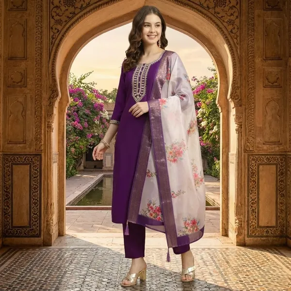 Women's_Solid_Purple_Embroidered_Kurta_Set_with_Floral_Organza_Dupatta