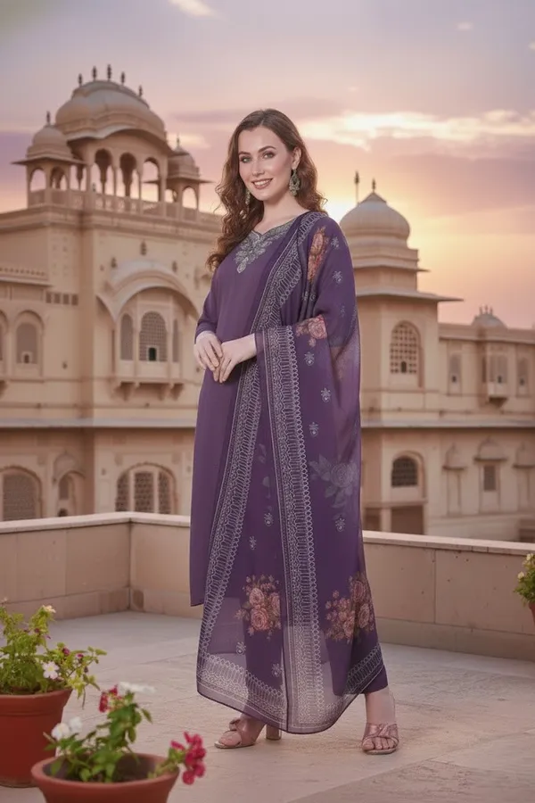 Stylish_Lavendor_Geometric_Print_Silk_Blend_Kurta_Set