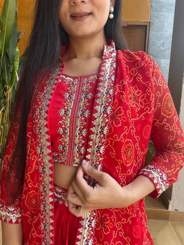 Crimson_Orange_Bandhani_Shrug_Set_with_Embroidered_Crop_Top_&_Tiered_Skirt