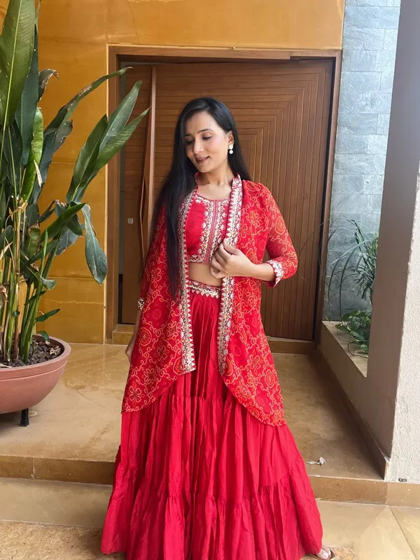 Crimson_Orange_Bandhani_Shrug_Set_with_Embroidered_Crop_Top_&_Tiered_Skirt
