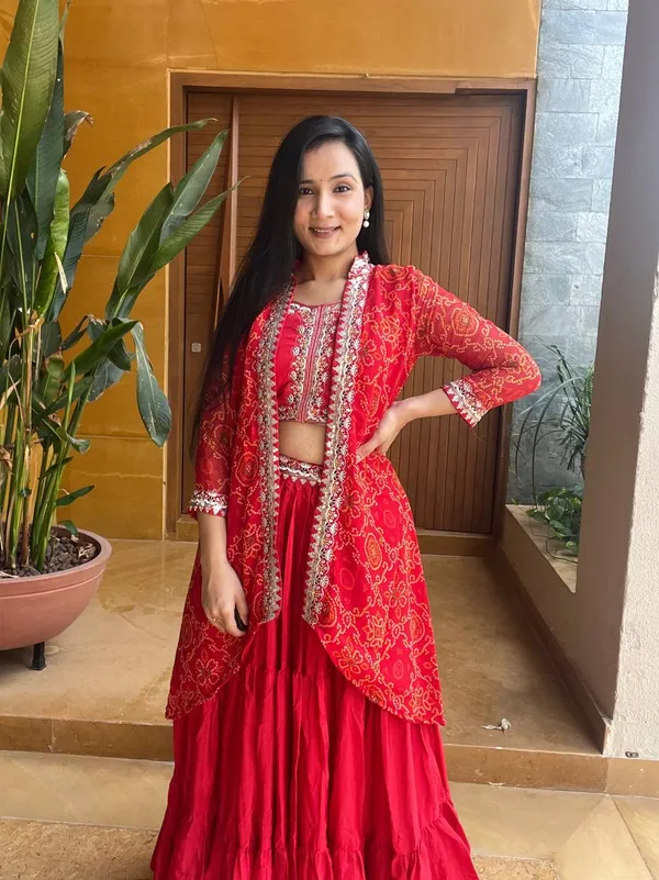 Crimson_Orange_Bandhani_Shrug_Set_with_Embroidered_Crop_Top_&_Tiered_Skirt