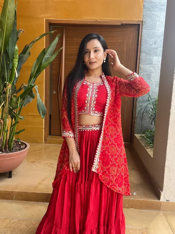 Crimson_Orange_Bandhani_Shrug_Set_with_Embroidered_Crop_Top_&_Tiered_Skirt