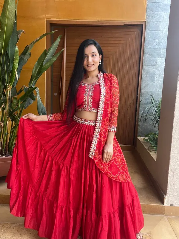 Crimson_Orange_Bandhani_Shrug_Set_with_Embroidered_Crop_Top_&_Tiered_Skirt