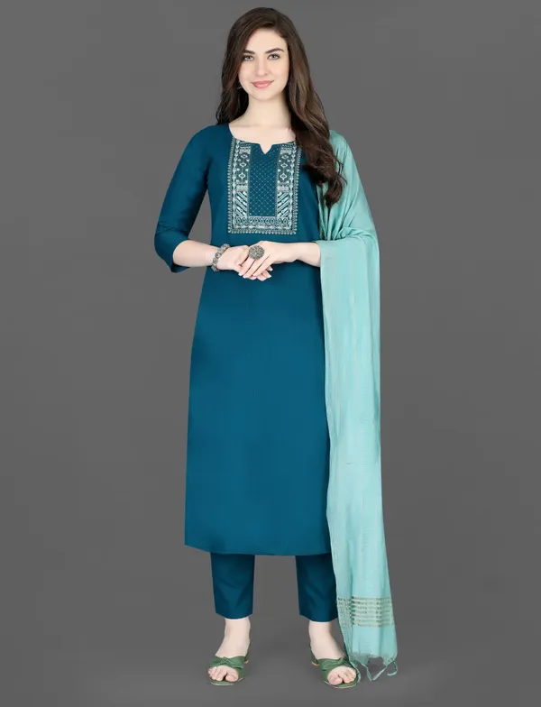 Solid_Indigo_Neck_Cotton_Blend_Kurta,_Pant_&_Dupatta_Set