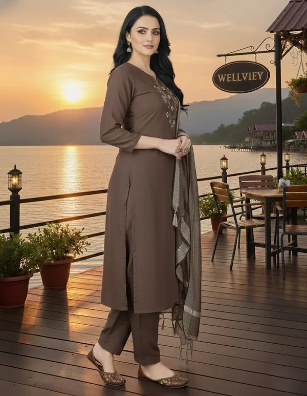 Brown_Cotton_Kurta_Set_with_Mirror_Work_&_Dupatta
