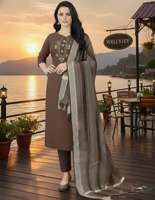 Brown_Cotton_Kurta_Set_with_Mirror_Work_&_Dupatta
