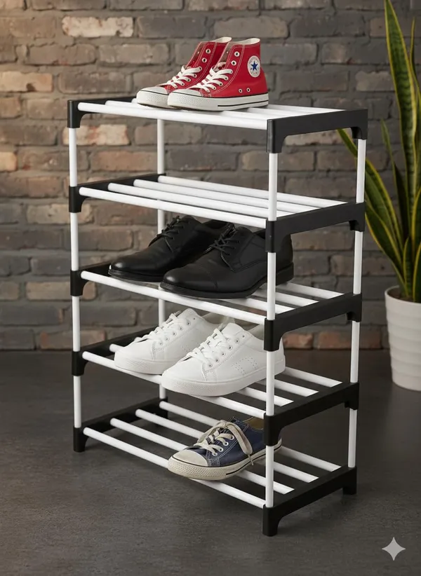 White_&_Black_Shoes_Rack_4_Tier_Shoe_Rack_With_Shelf,_Folding_Shoe_Rack_For_Bedroom,_Living_Room,_Entryway,_,_Shoerack,_Footwear_Stand_For_Home,_Shoe_Rack_Plastic,_Shoes_Rack_With_4_Layer