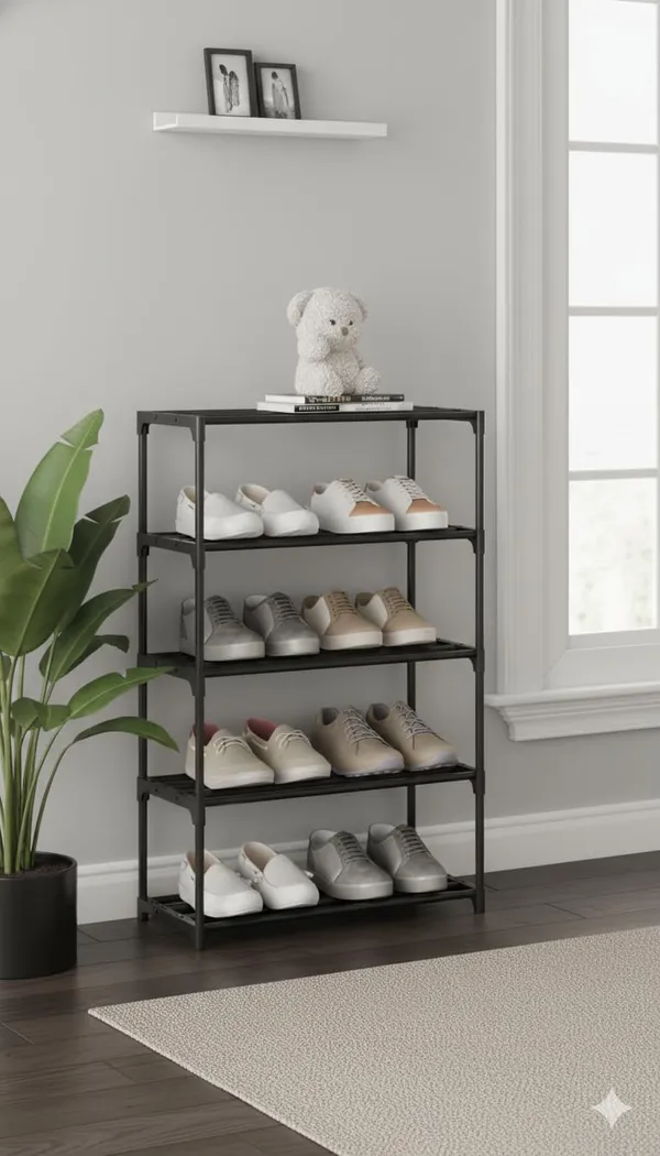 Black_Shoe_Rack_Organiser_|__Compact_Footwear_Stand_Plastic_5_Shelf
