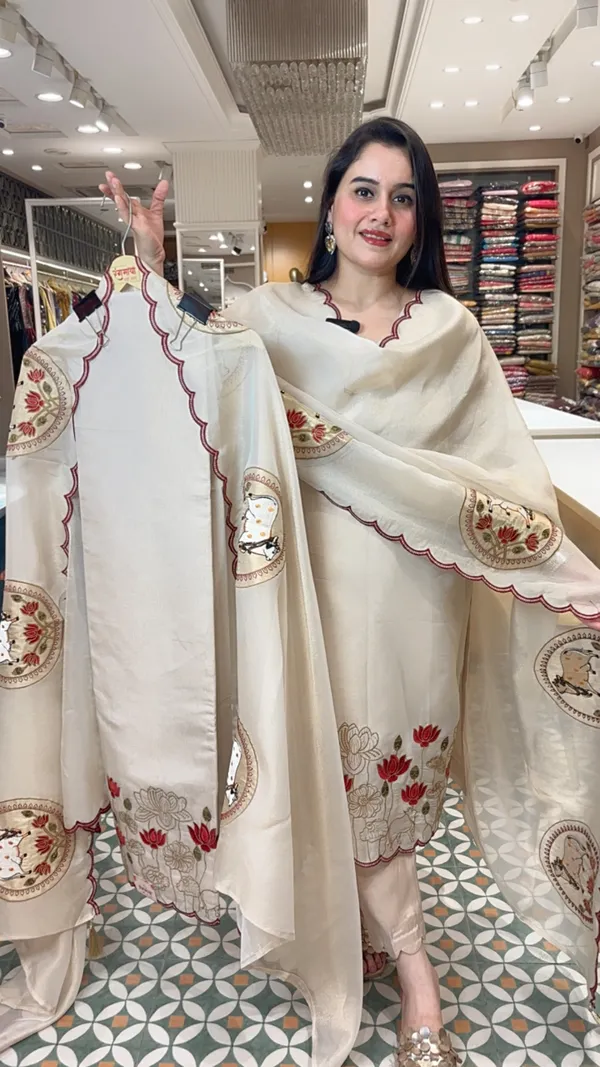 Beige_Tissue_Organza_Pichwai-Inspired_Unstitched_Suit_Set